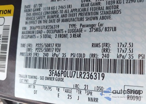 2020 Ford Fusion Hybrid Se z USA, uszkodzony, nr VIN 3FA6P0LU7LR236319